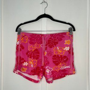 HAWAII TROPICAL FLORAL KNIT SHORTS EXTRA LARGE DARK PINK ELASTIC WAIST SHORTS